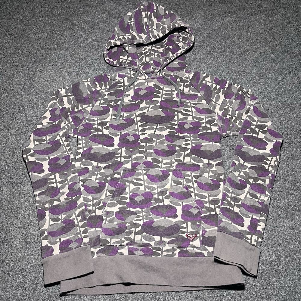 Vintage Roxy Hoodie Womens Large Violet Flower Camo Pullover Skate Surf Y2K